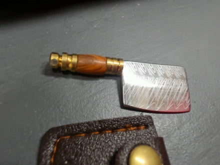 orange wood handle damasicus patterned keychain knife - cleaver