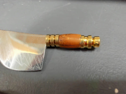 orange wood handle damasicus patterned keychain knife