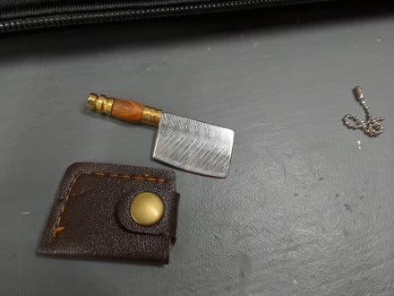 orange wood handle damasicus patterned keychain knife - cleaver