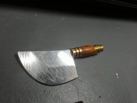 orange wood handle damasicus patterned keychain knife