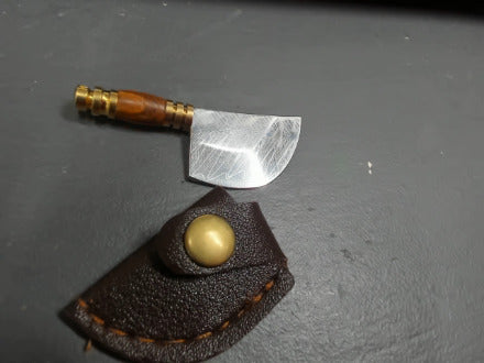 orange wood handle damasicus patterned keychain knife