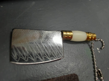 Resin White handle damasicus patterned keychain knife - cleaver