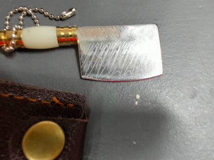 Resin White handle damasicus patterned keychain knife - cleaver