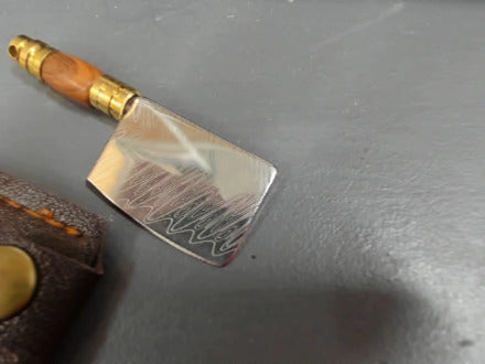 orange wood handle damasicus patterned keychain knife - cleaver